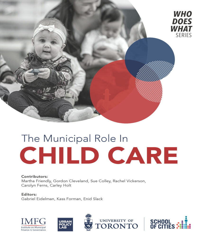 The Municipal Role in Child Care is the title with image of a seated infant on the ground and another infant on a lap in the background