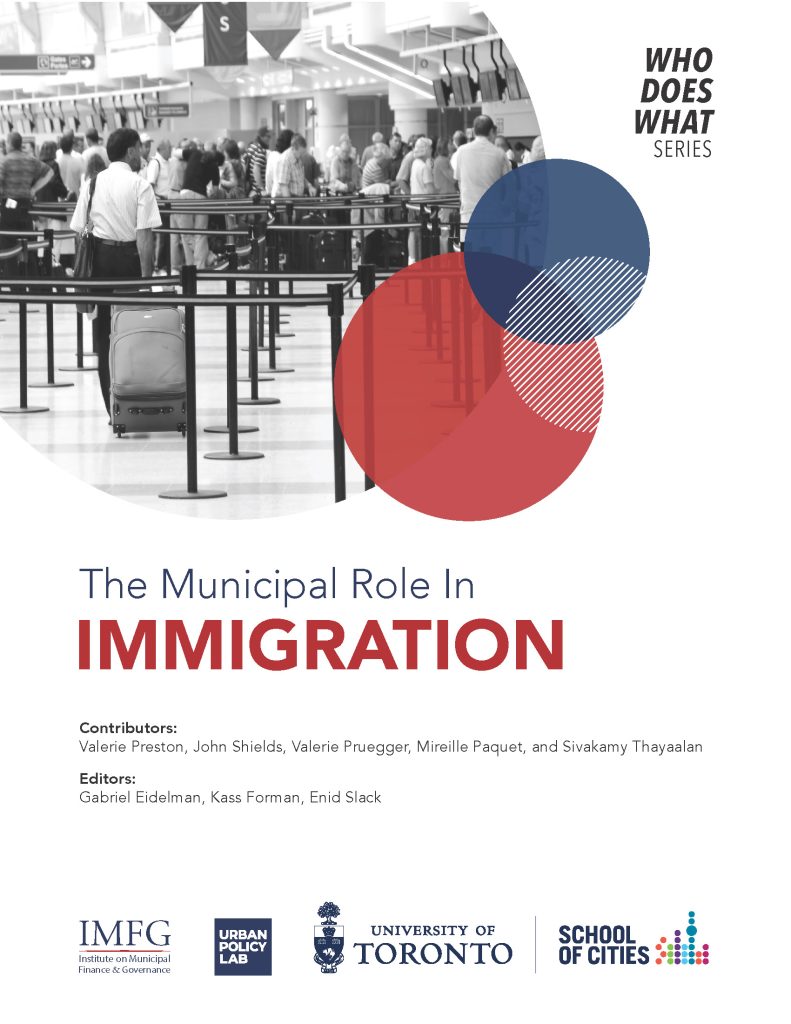 Image of people in line at airport. Cover of The Municipal Role in Immigration as part of the Who Does What Series Contributors: Valerie Preston, John Shields, Valerie Pruegger, Mireille Paquet, and Sivakamy Thayaalan Series editors: Gabriel Eidelman, Kass Forman, Enid Slack